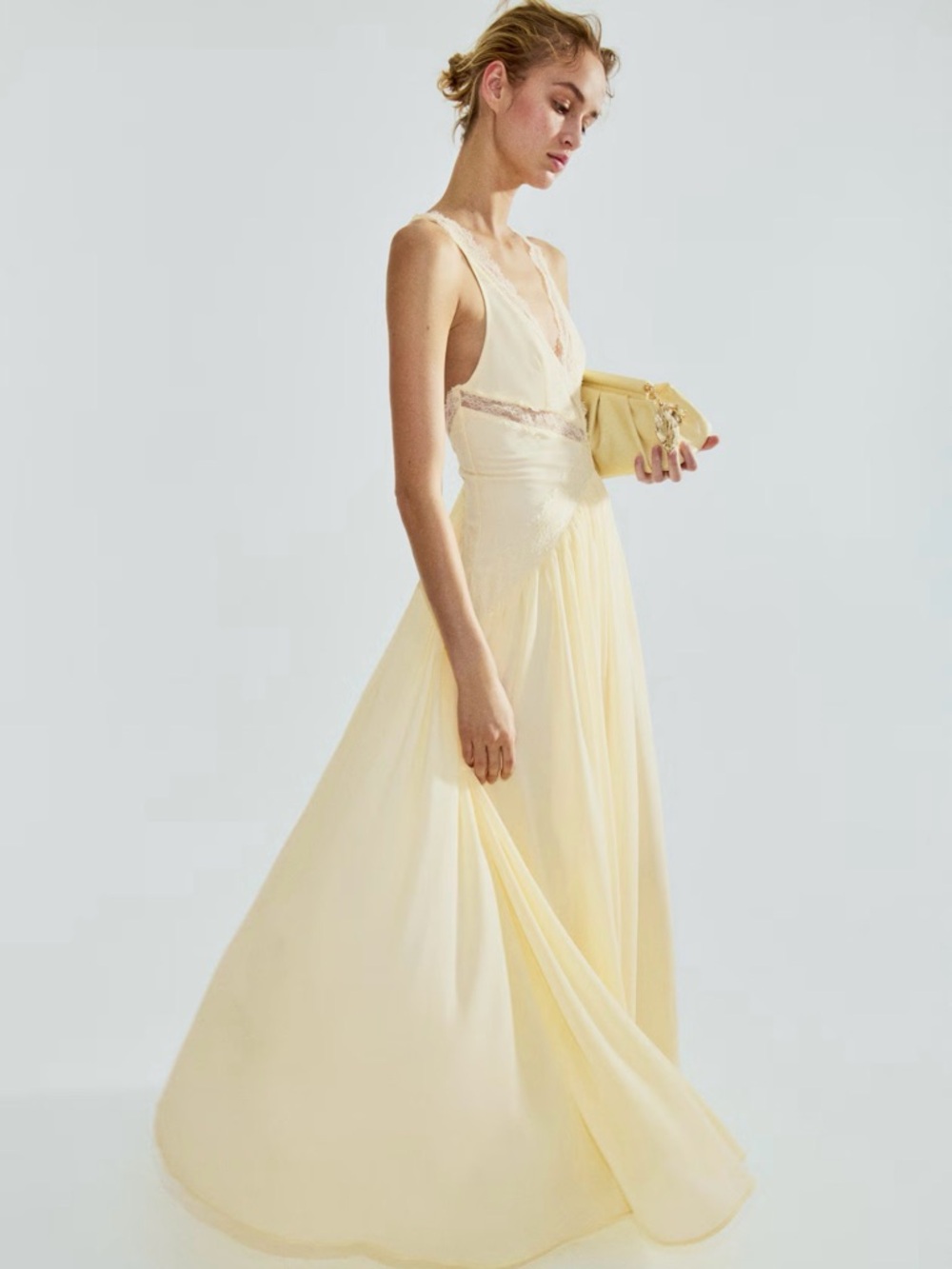 H&M Pale Yellow V-Neck Maxi Dress with Lace Trim